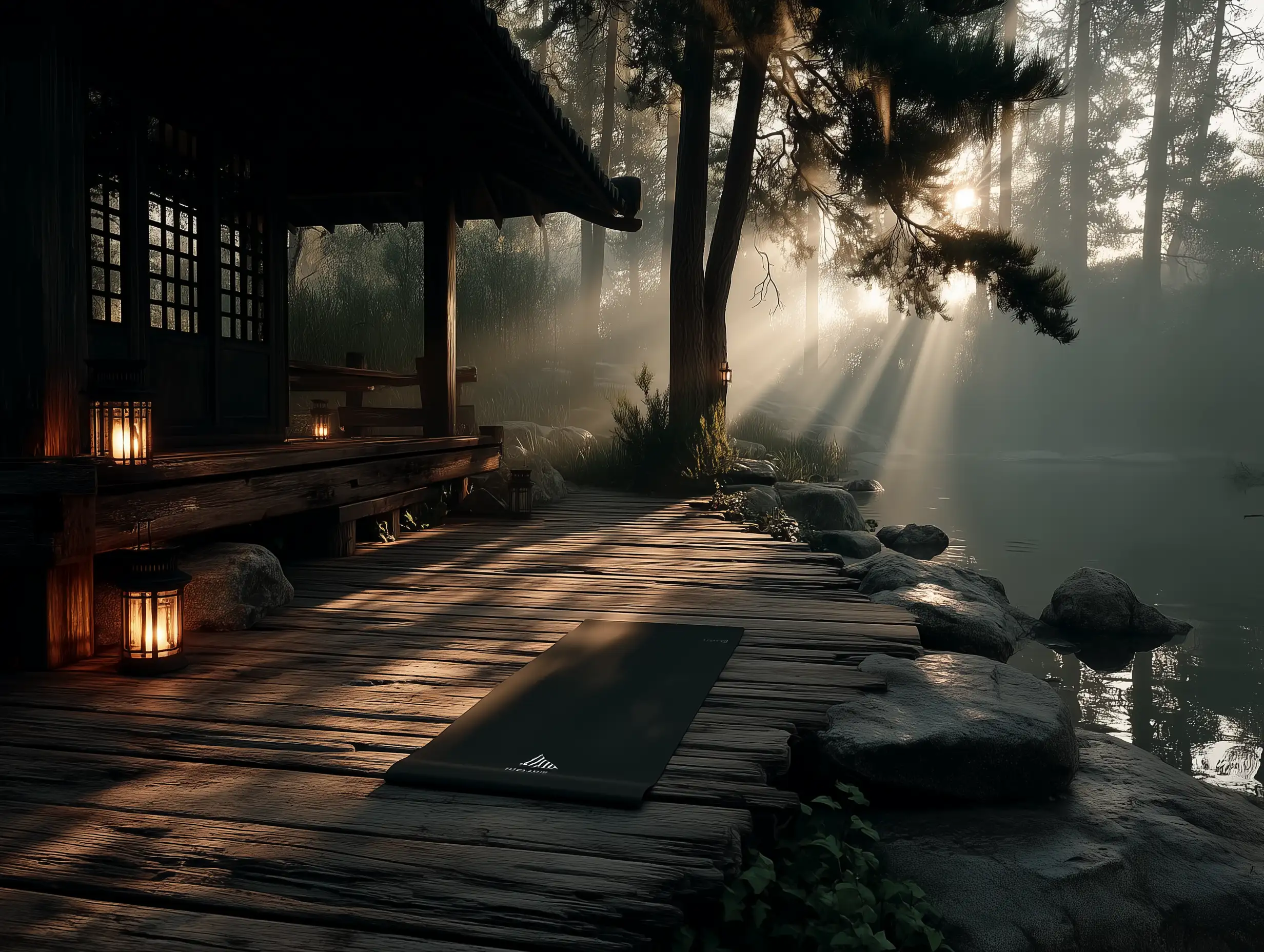 Wooden platform surrounded by misty pine forest, yoga mats and lanterns, tranquil atmosphere, cinematic light rays